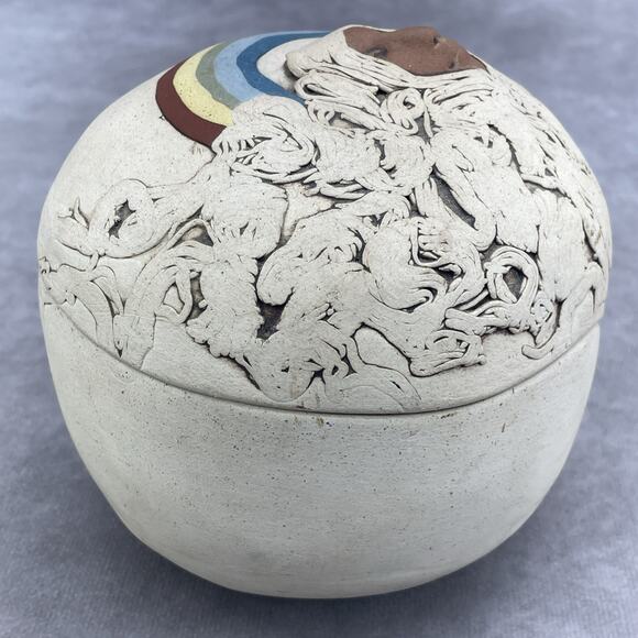 c.1995 Jude Holdsworth Rainbow Face Trinket Box 5.5" x 5" Art Pottery No Stamp - Picture 11 of 12